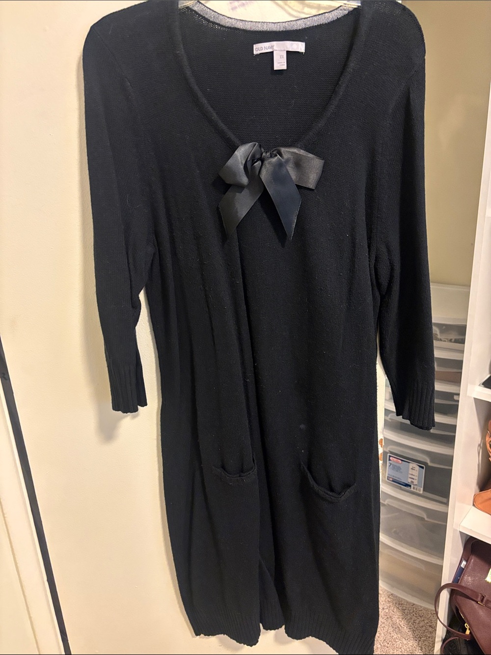 Old Navy Black Long Knit Cardigan with Satin Bow